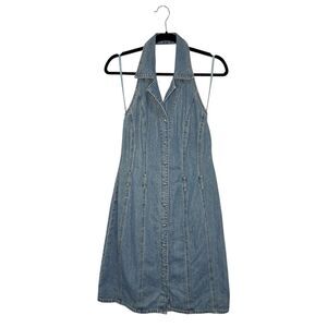 Vintage French Cuff Women’s 8 Denim Jean Dress Halter Neck Button Front 90s Y2K